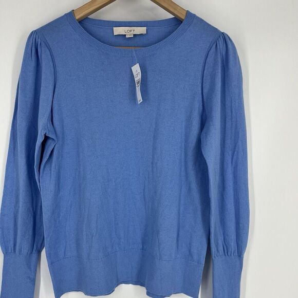 LOFT Sweater Size Small Sky Blue Long Sleeve Pullover Puff Sleeve Knit Crew Neck - Picture 2 of 10